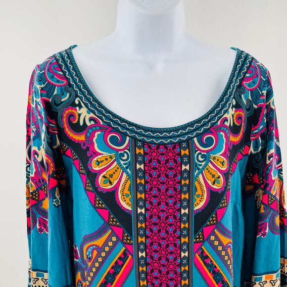 DeJaVu Teal Pink Ethnic Lightweight Colorful Festival Boho Summer Shift Dress L - Picture 4 of 13